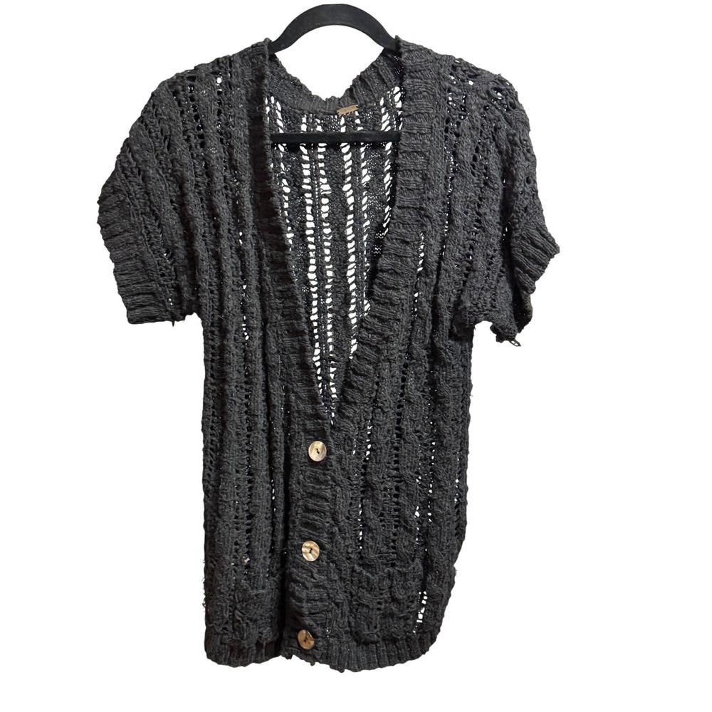 Free People‎ Black Knit Distressed Button Front Short Sleeve Cardigan Sweater